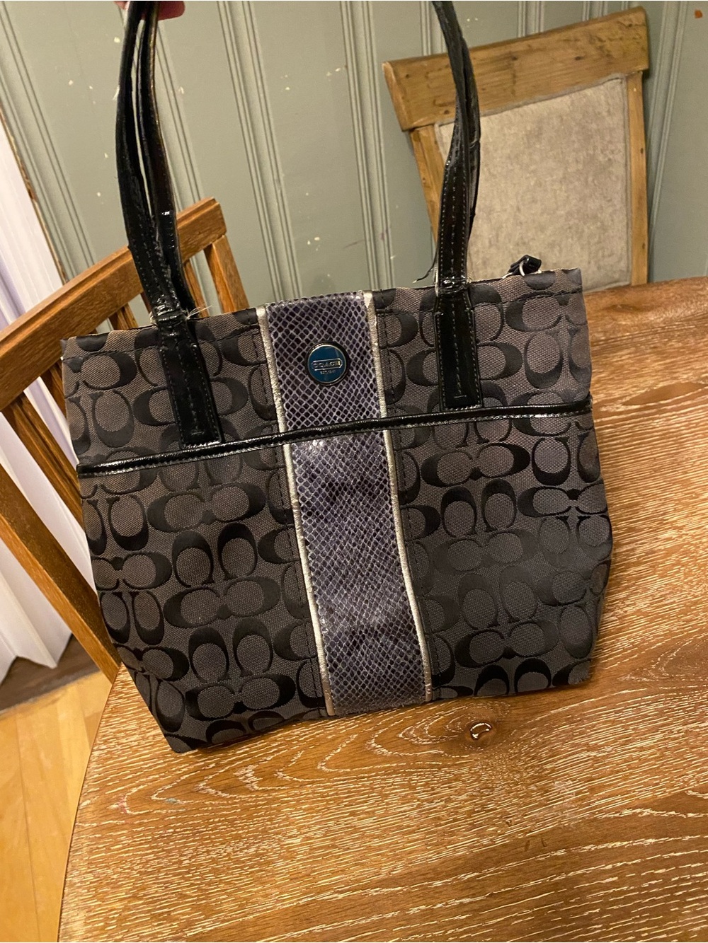 Coach Black Signature Canvas Purse with Snake-Trim Center Panel